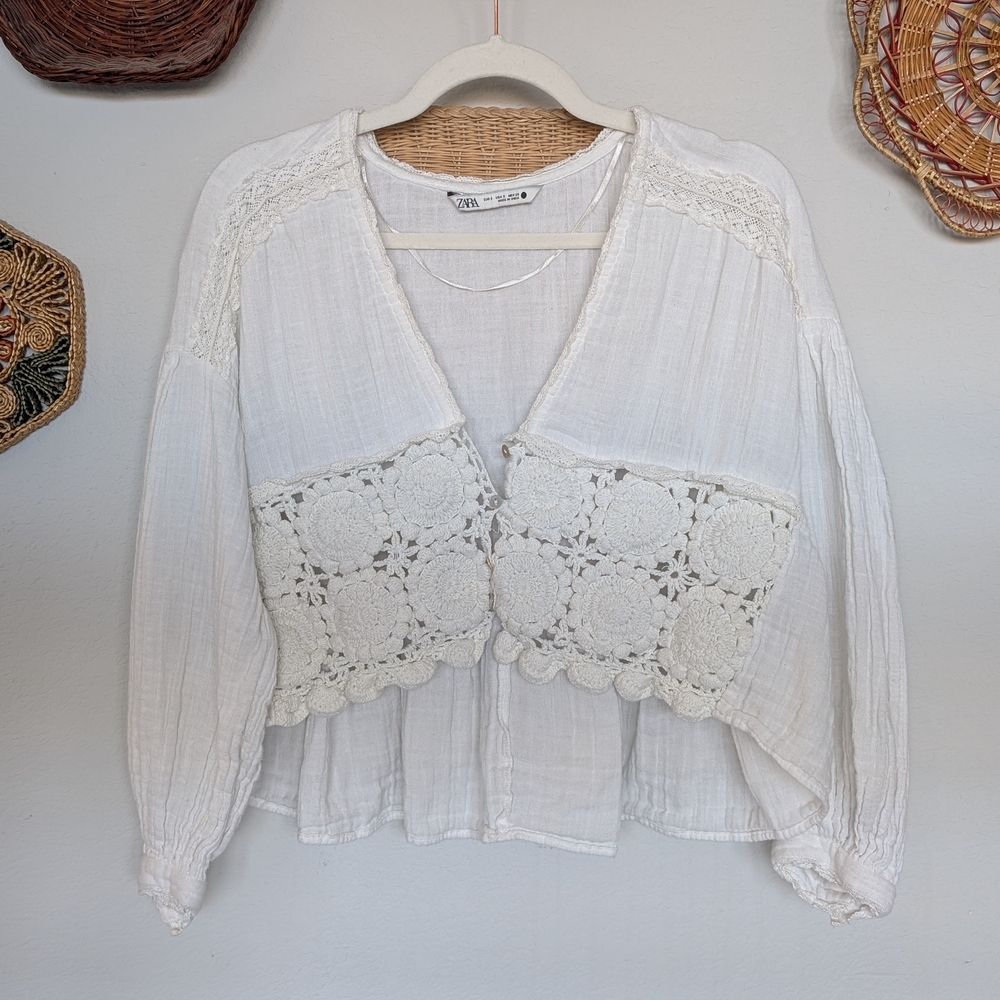 Zara Crochet Lace Boho Blouse – White Peasant Top